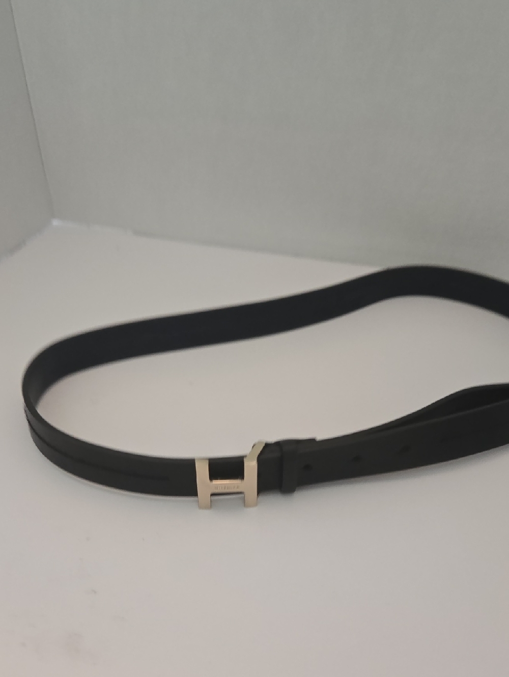 Tommy Hilfiger Black Leather Belt with Gold H Buckle